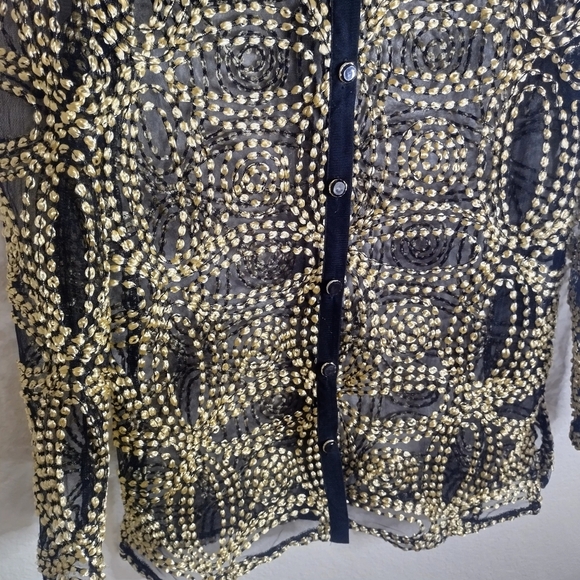 Chico's Travelers Collection Needle Stitch Mesh Gold Button Down Jacket Sz O/S/4 - Picture 5 of 10